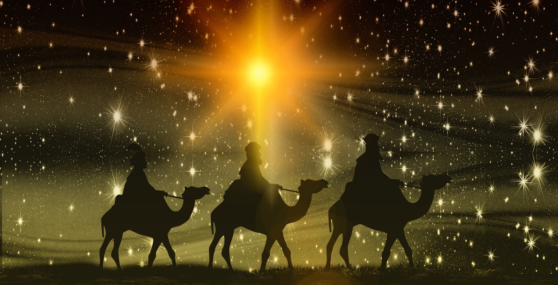 Trzej królowie przemierzający na wielbłądach drogę rozświetloną gwiazdą